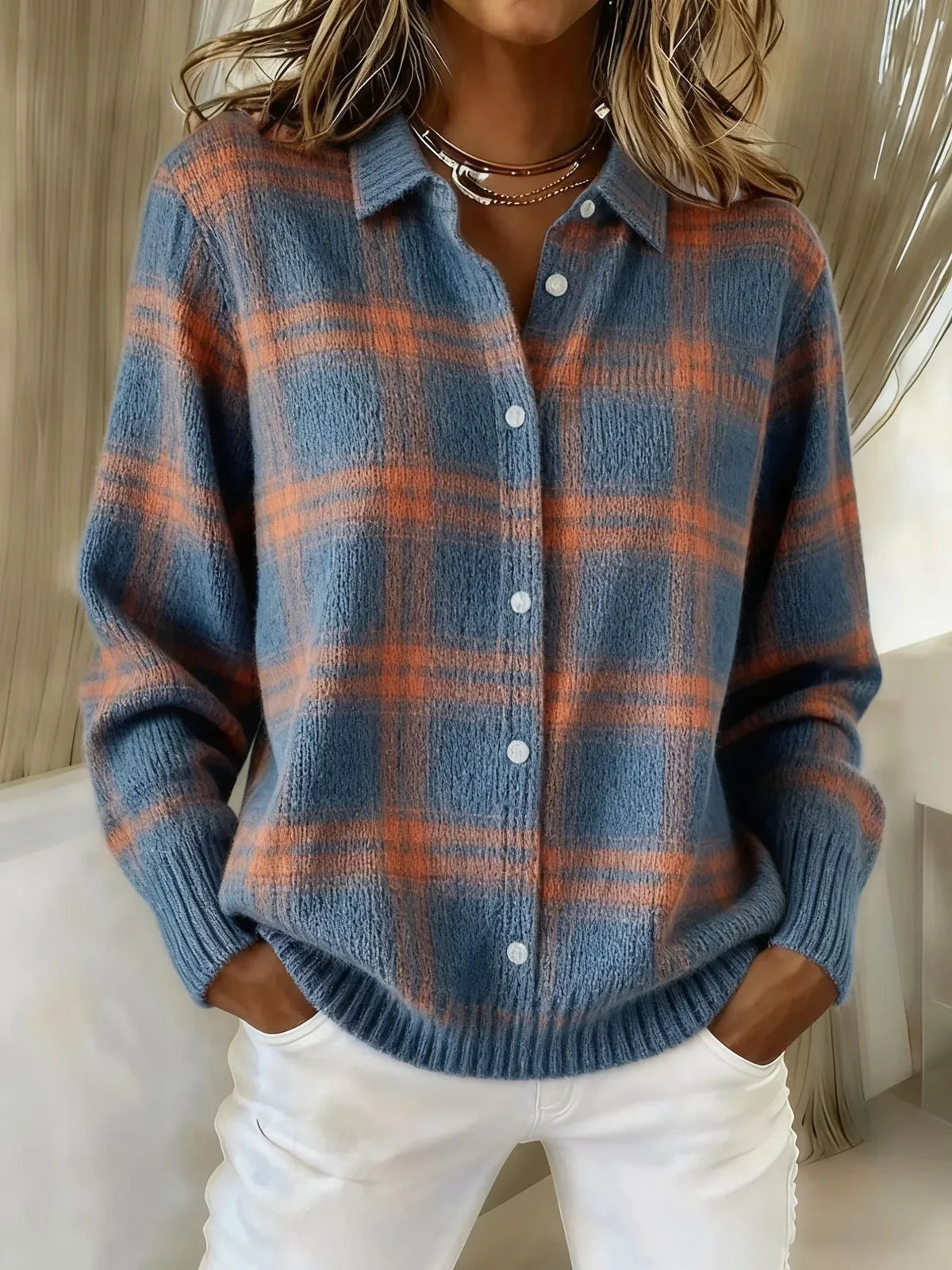SUENTA Zahara | Entspannte Karo-Strickjacke Blau & Orange