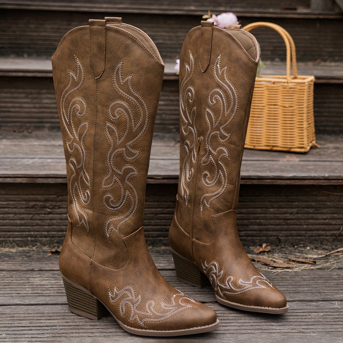 SUENTA Umami | Cowboystiefel für Damen, knielang, mit Blockabsatz