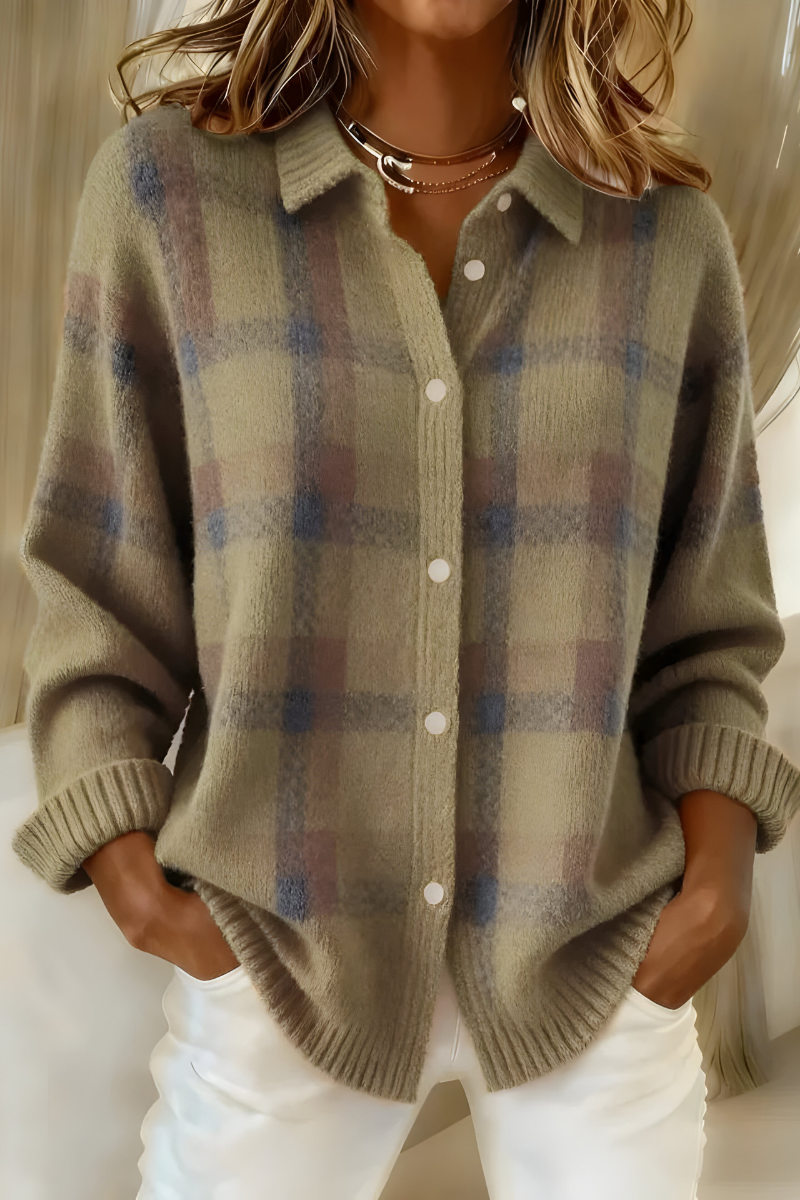 SUENTA Zahara | Entspannte Karo-Strickjacke Braun