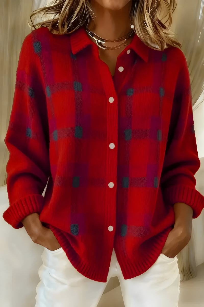 SUENTA Zahara | Entspannte Karo-Strickjacke Rot