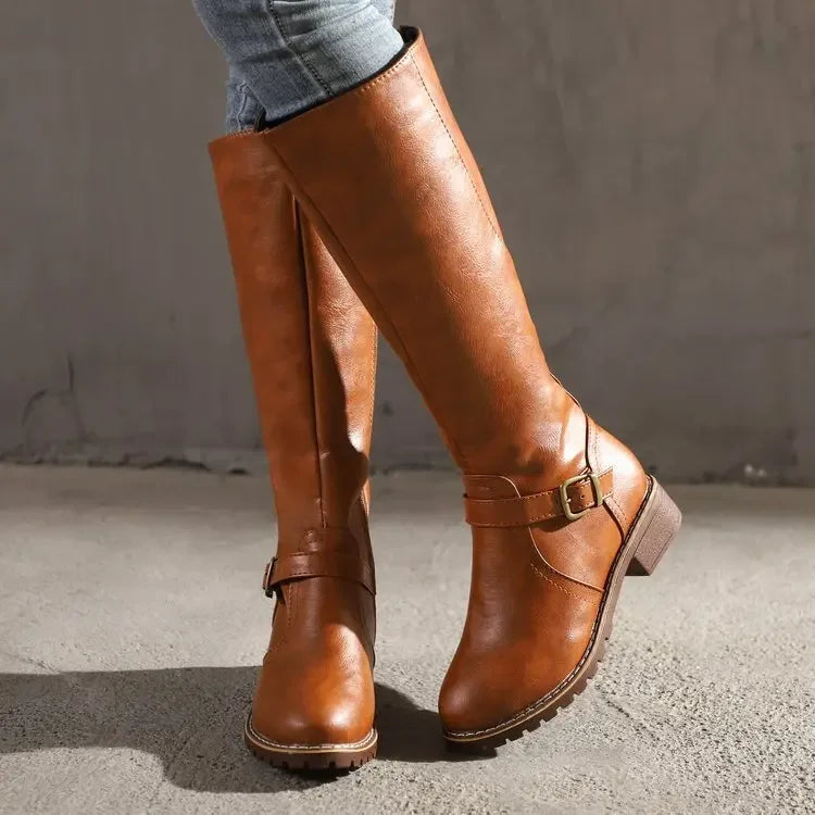 SUENTA Damen Elegante Lederstiefel Trendige Damenstiefel Für Jeden Anlass Braun