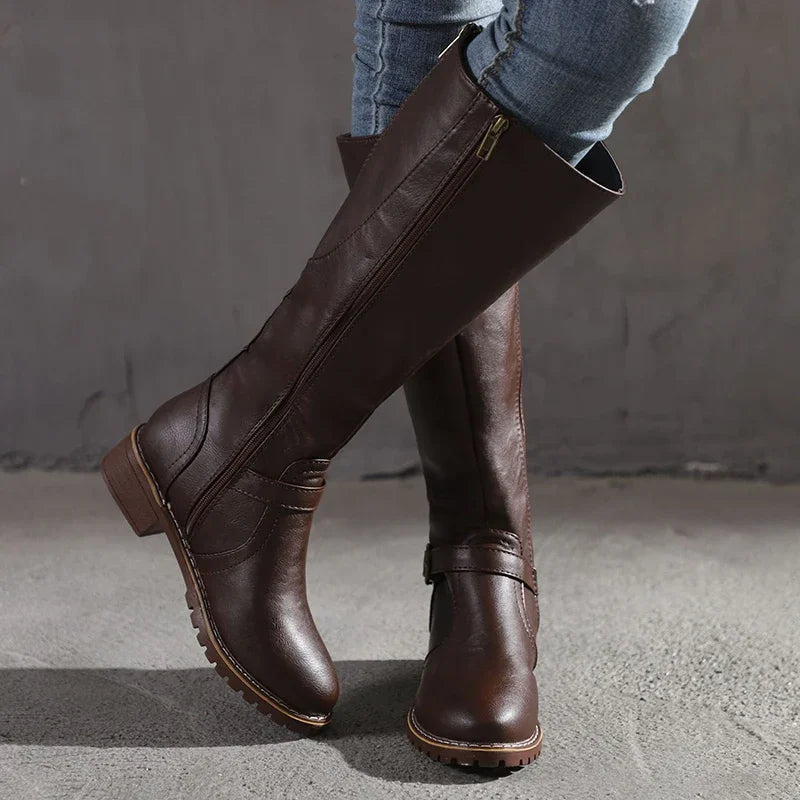 SUENTA Damen Elegante Lederstiefel Trendige Damenstiefel Für Jeden Anlass Dunkelbraun