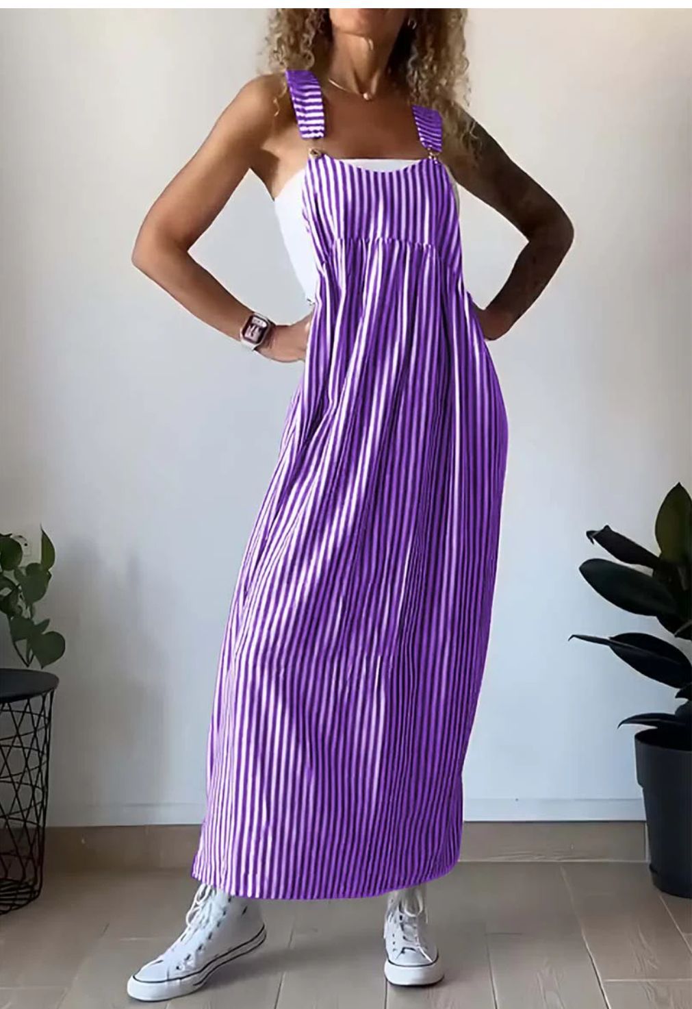 SUENTA Damen Lässiger Gestreifter Jumpsuit Weiches Atmungsaktives Material Lila