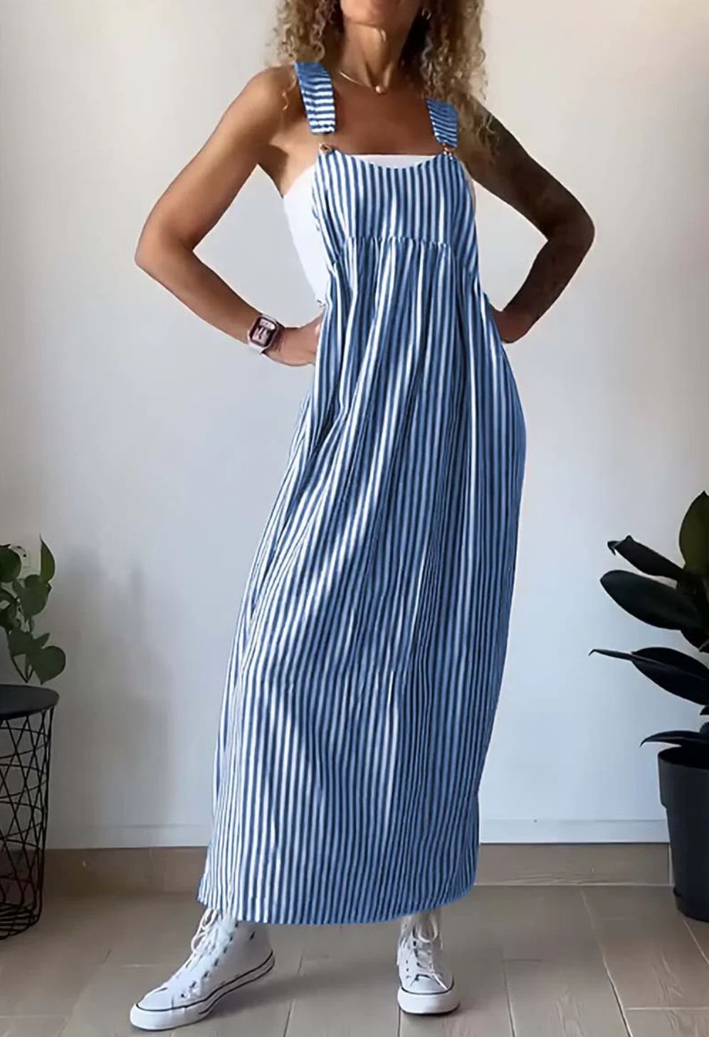 SUENTA Damen Lässiger Gestreifter Jumpsuit Weiches Atmungsaktives Material Blau