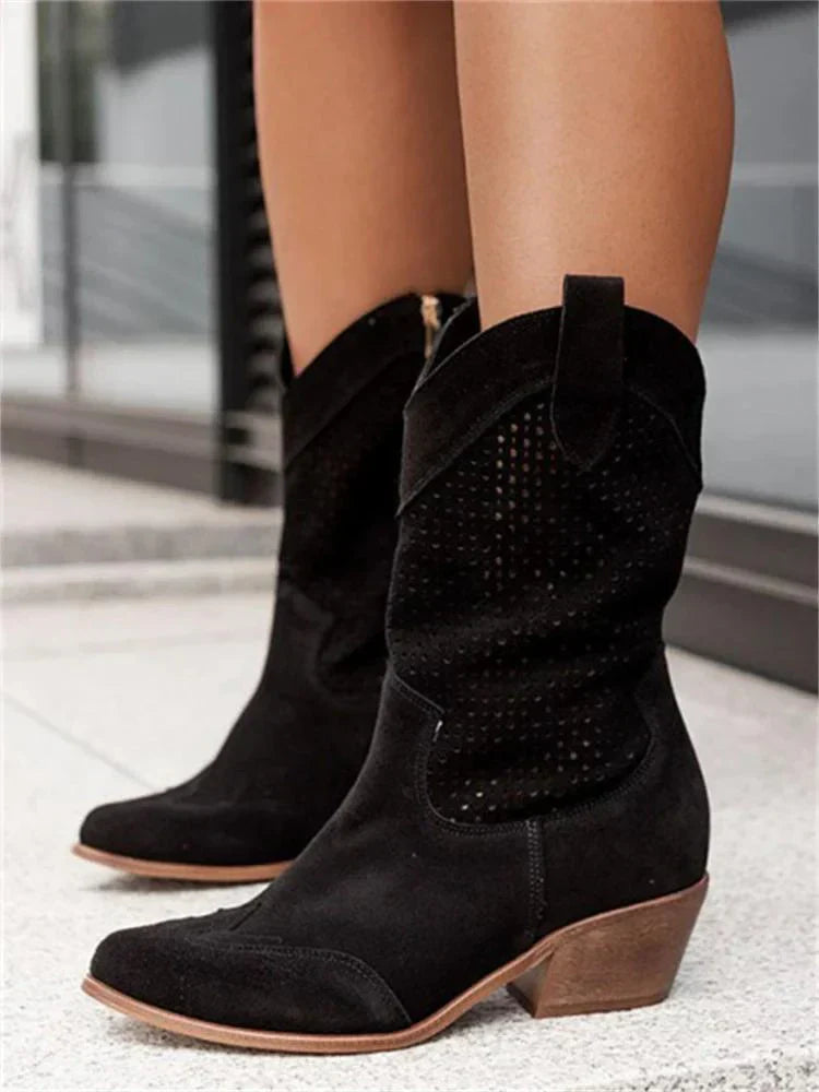 SUENTA Damen Cowboy-Stiefel Stilvoll Bequem Atmungsaktiv Seitliche Reißverschluss Schwarz