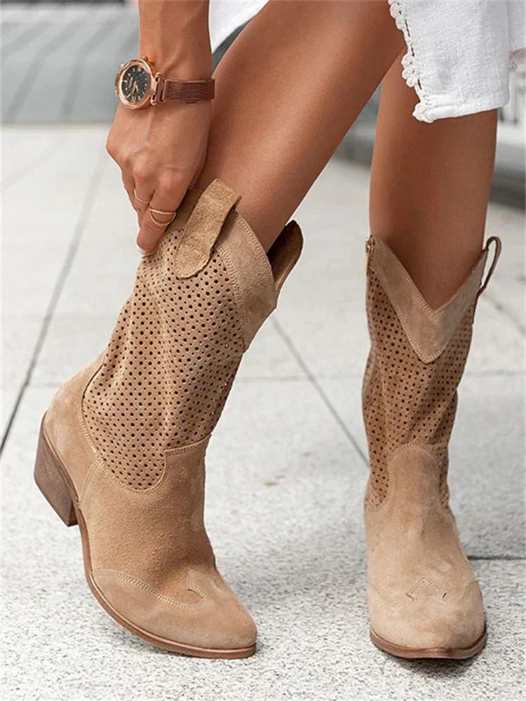SUENTA Damen Cowboy-Stiefel Stilvoll Bequem Atmungsaktiv Seitliche Reißverschluss Braun