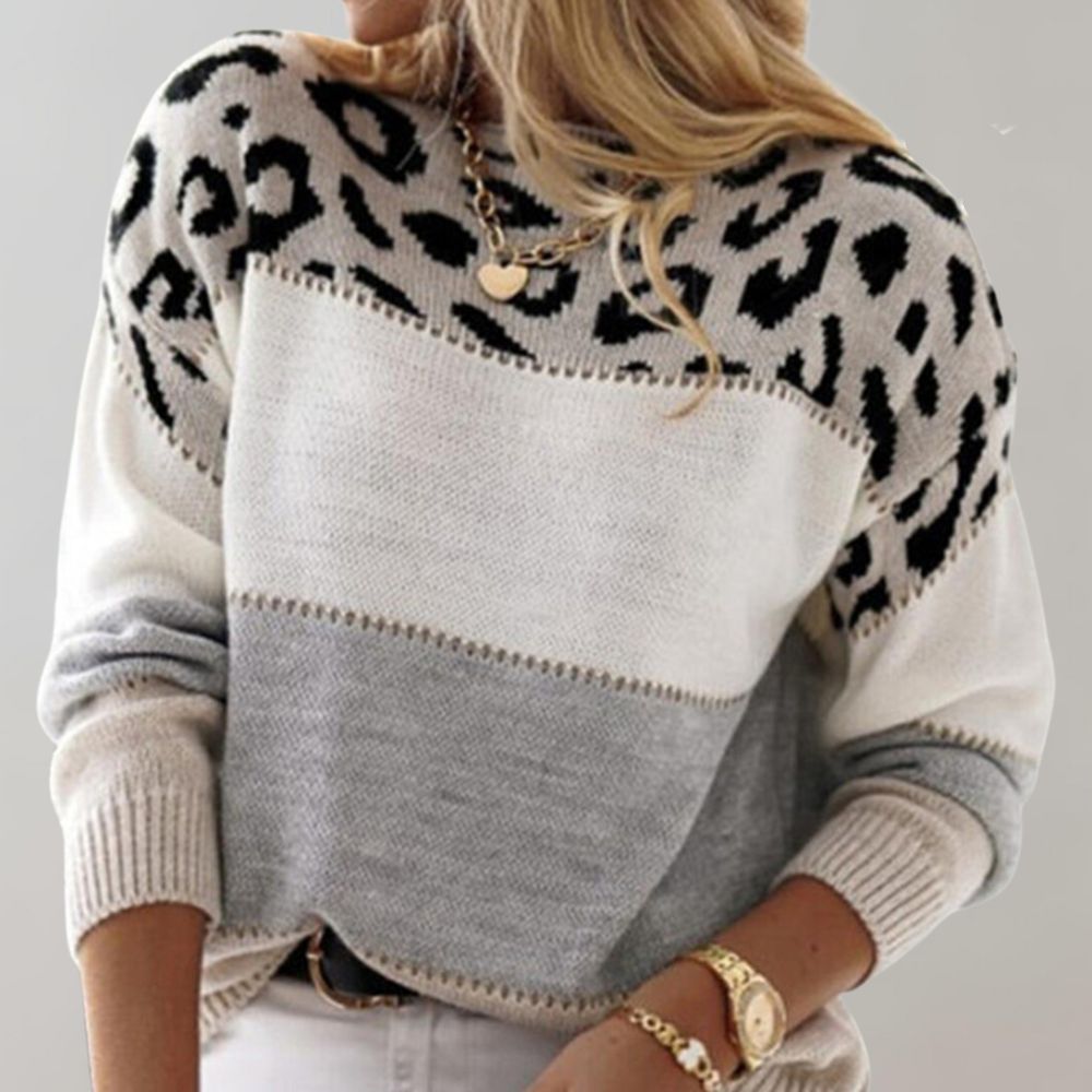 Dôre | Damen Weicher Strickpullover mit Farbblock und Leopardenmuster