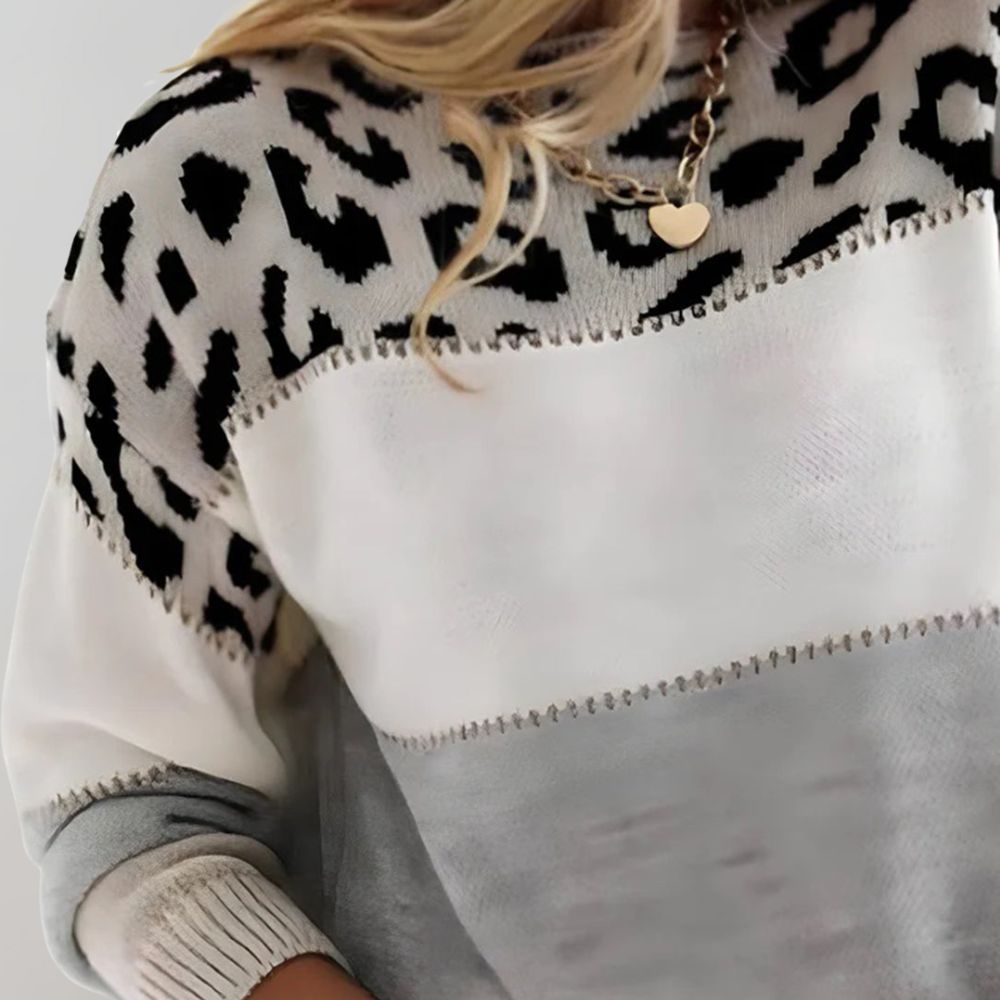 Dôre | Damen Weicher Strickpullover mit Farbblock und Leopardenmuster