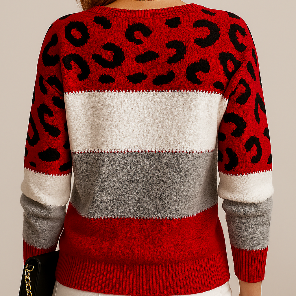 Dôre | Damen Weicher Strickpullover mit Farbblock und Leopardenmuster