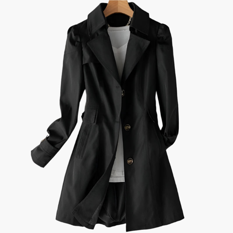 SUENTA Solis | Damen klassischer langer Trenchcoat mit Knopfleiste vorne Schwarz