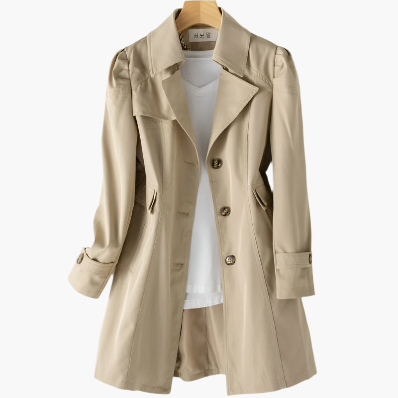 SUENTA Solis | Damen klassischer langer Trenchcoat mit Knopfleiste vorne Khaki