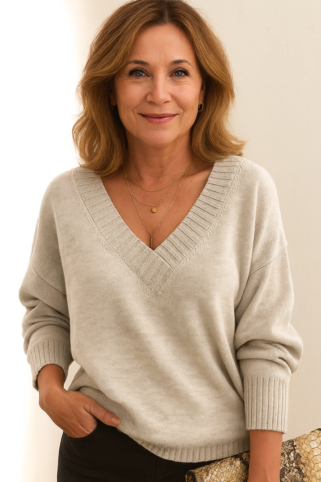 SUENTA Flōre | Weicher Strickpullover für Damen mit tiefem V-Ausschnitt und langen Ärmeln