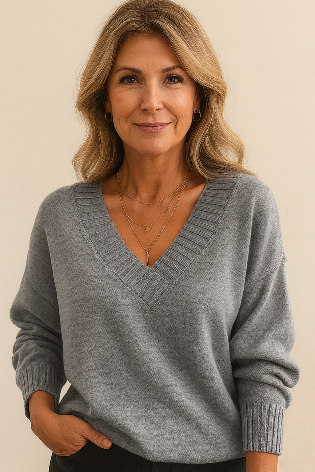 SUENTA Flōre | Weicher Strickpullover für Damen mit tiefem V-Ausschnitt und langen Ärmeln Grau