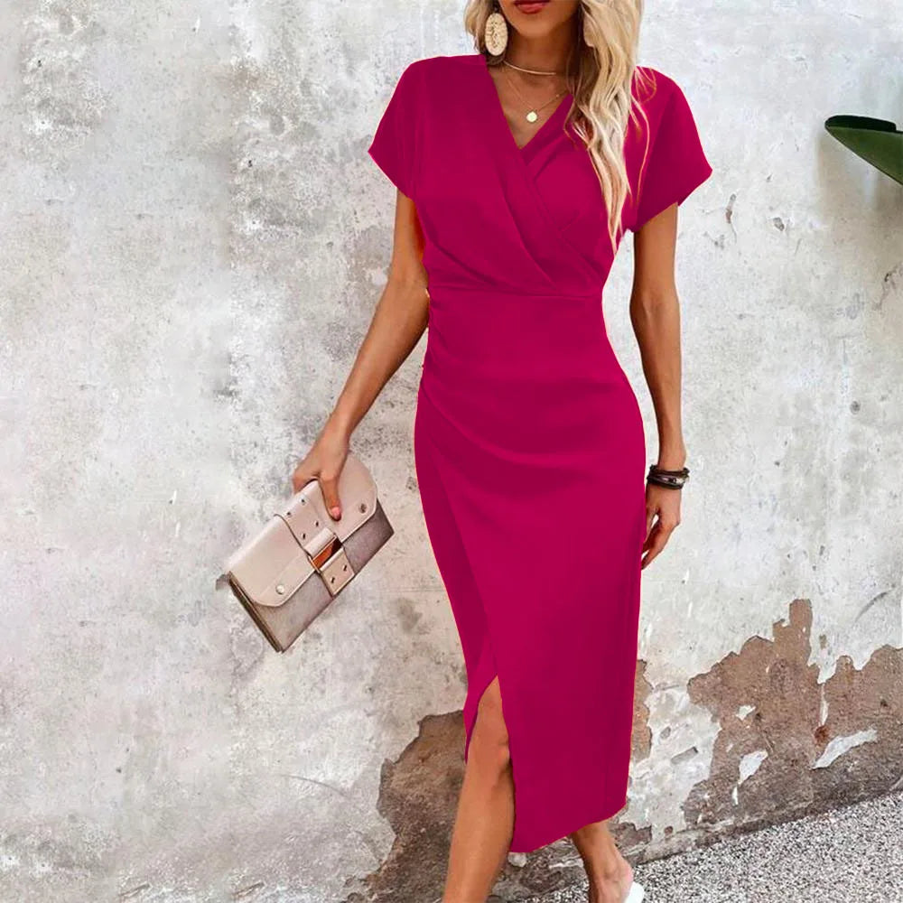 SUENTA Sophé | Damen-Hochzeitsgast Kleid Midi V-Ausschnitt mit Schlitz Dunkelrosa