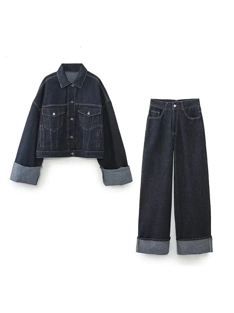 SUENTA Damen-Denim-Set Truckerjacke High-Waist-Jeans mit weitem Bein Lässige Passform