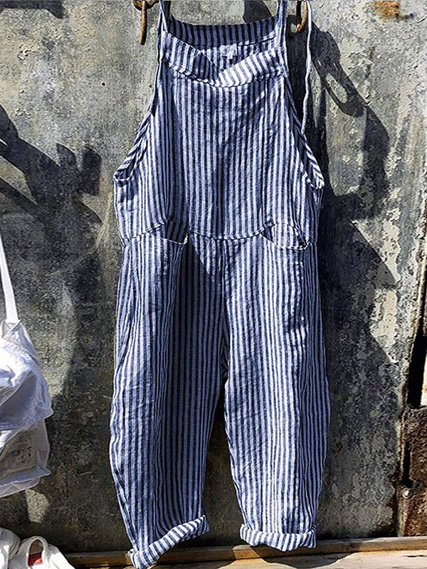 SUENTA Damen-Latzhose Mit Streifen Und Weitem Bein 80 % Baumwolle, 20 % Leinen Blau