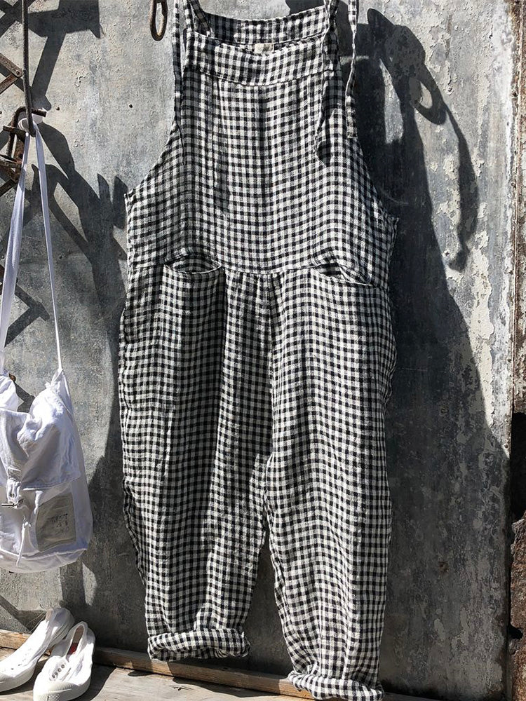 SUENTA Damen-Latzhose Mit Streifen Und Weitem Bein 80 % Baumwolle, 20 % Leinen Schwarz kariert