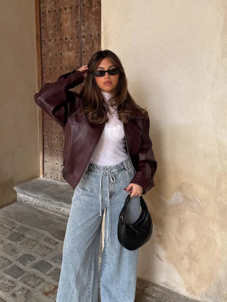 SUENTA Damen-Lederjacke – Oversized-Passform – Taillenlang – Reißverschluss – Lange Ärmel