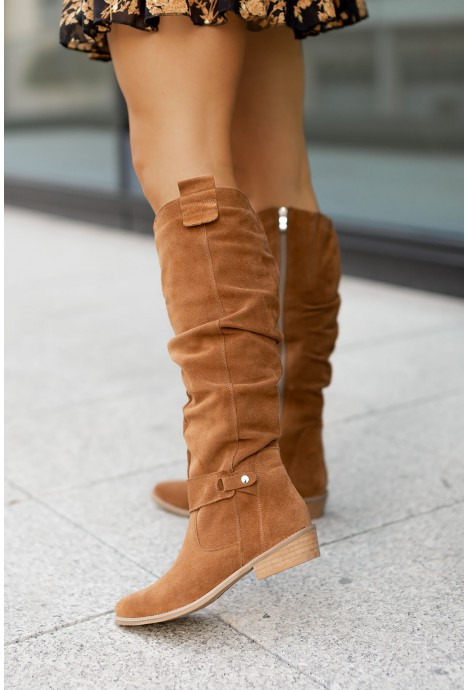 SUENTA Damen Overknee-Stiefel – Seitlicher Reißverschluss & Oberschenkelhoch Hellbraun