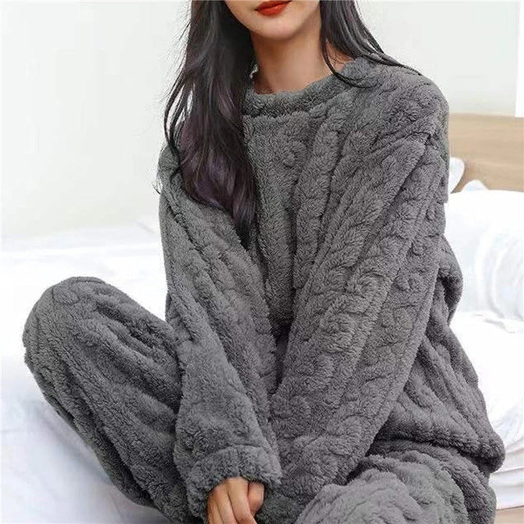 SUENTA Damen-Pyjama-Set Flauschiger Strick Bequeme Passform Zopfmuster Bodenlang Schwarz