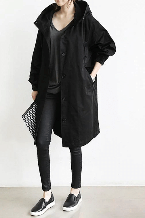 SUENTA Damen-Regenmantel Trenchcoat – Longline & Oversize-Kapuze Schwarz