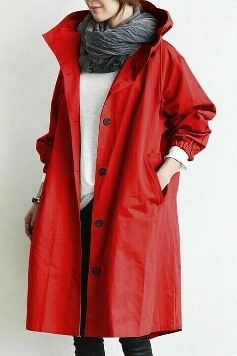 SUENTA Damen-Regenmantel Trenchcoat – Longline & Oversize-Kapuze Rot