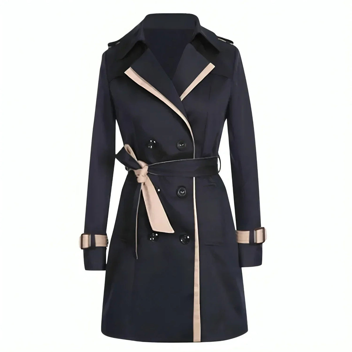 SUENTA Damen-Trenchcoat Lang – Doppelreihig & Taillengürtel Schwarz
