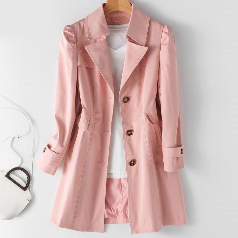 SUENTA Damen-Trenchcoat Lang – Doppelreihige Knopfleiste & Klassisches Design Rosa