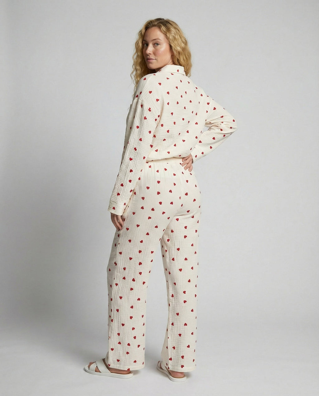 SUENTA Damen Ästhetisches Herz Pyjama Set Weich Baumwolle Bequem