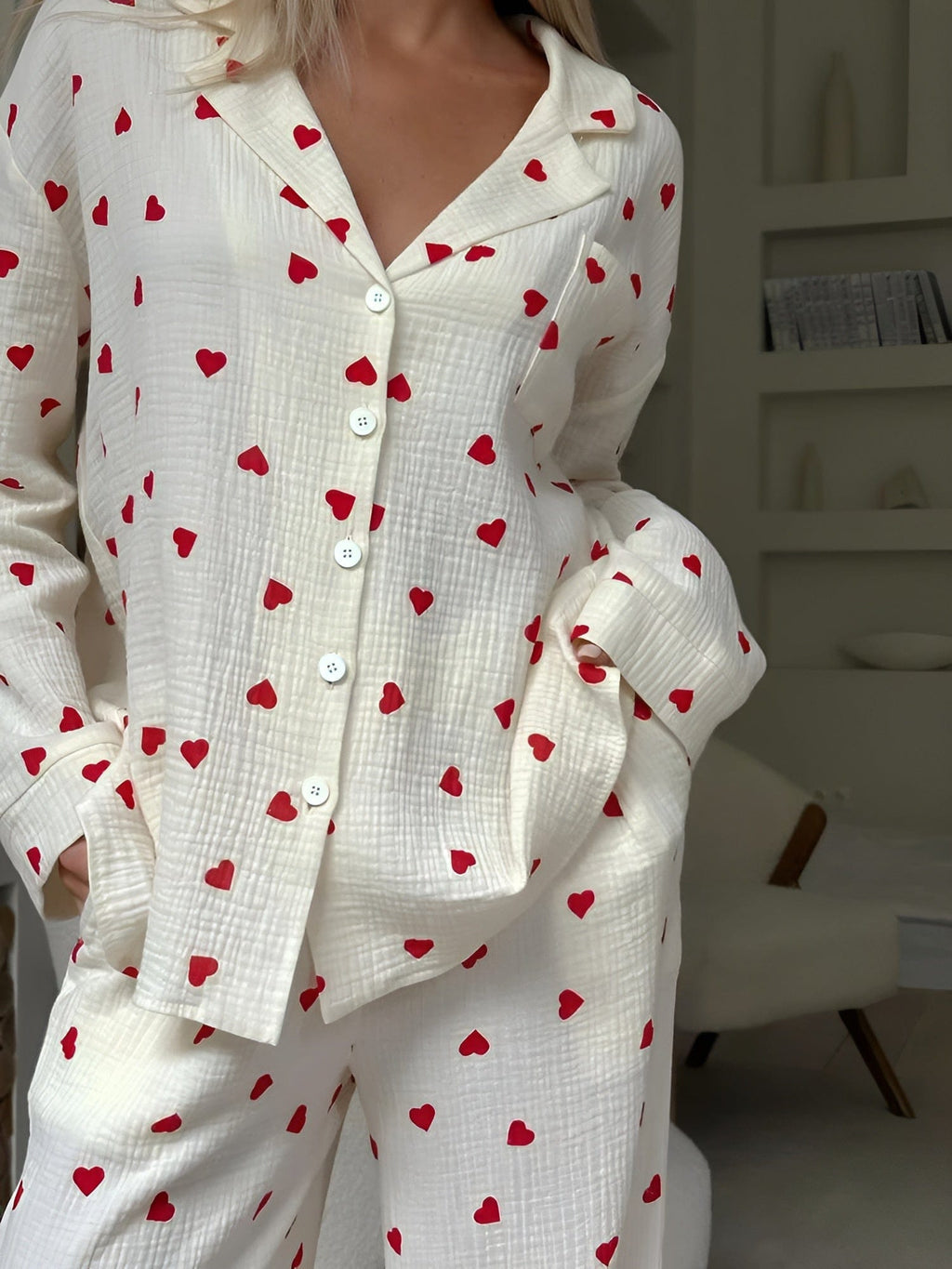 SUENTA Damen Ästhetisches Herz Pyjama Set Weich Baumwolle Bequem