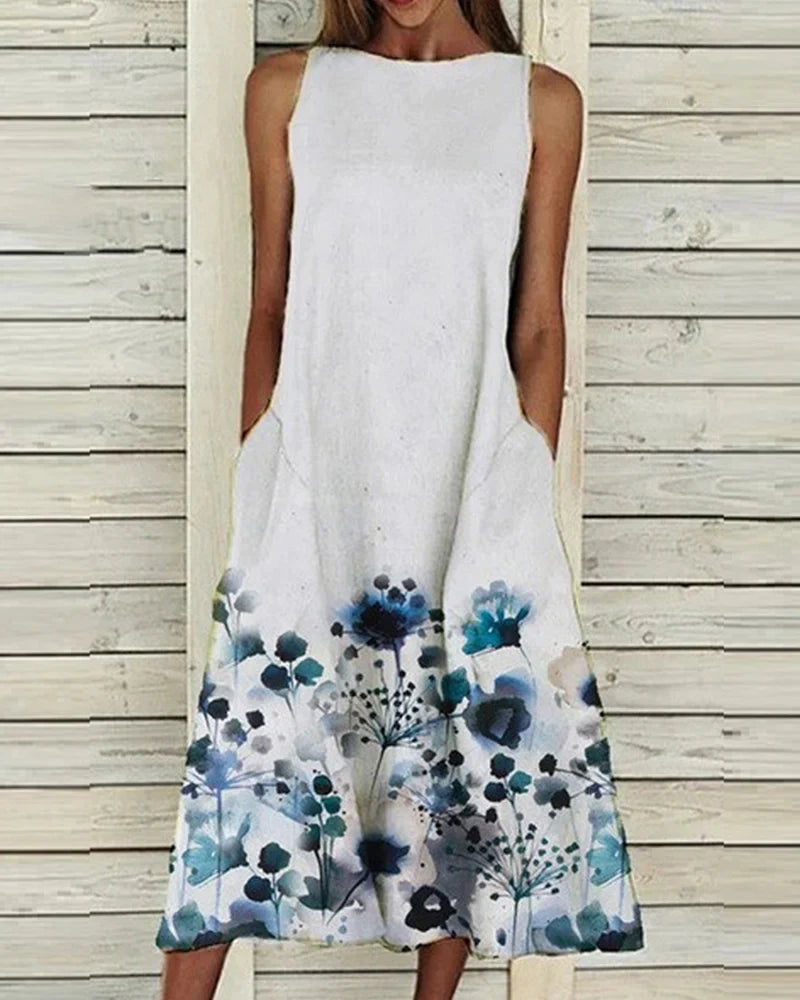 SUENTA Velvet | Damen Sommerkleid – Florales Muster & Eleganter Midi-Look Blau