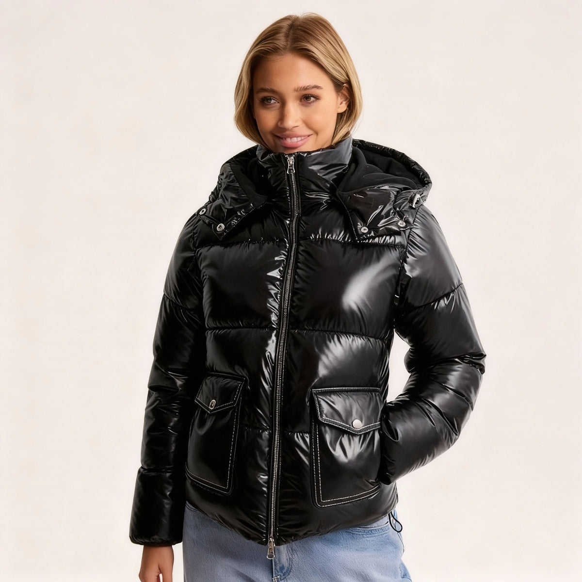 SUENTA Damen Steppjacke Mit Abnehmbarer Kapuze Glänzend Langarm Schwarz
