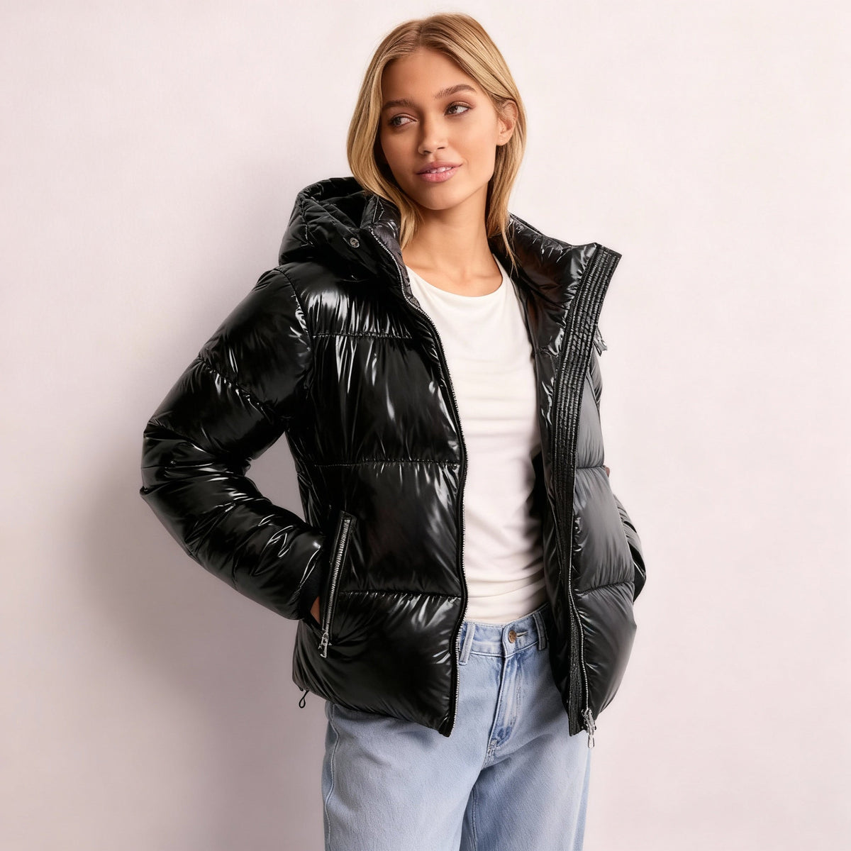 SUENTA Damen Steppjacke Mit Abnehmbarer Kapuze Glänzend Langarm