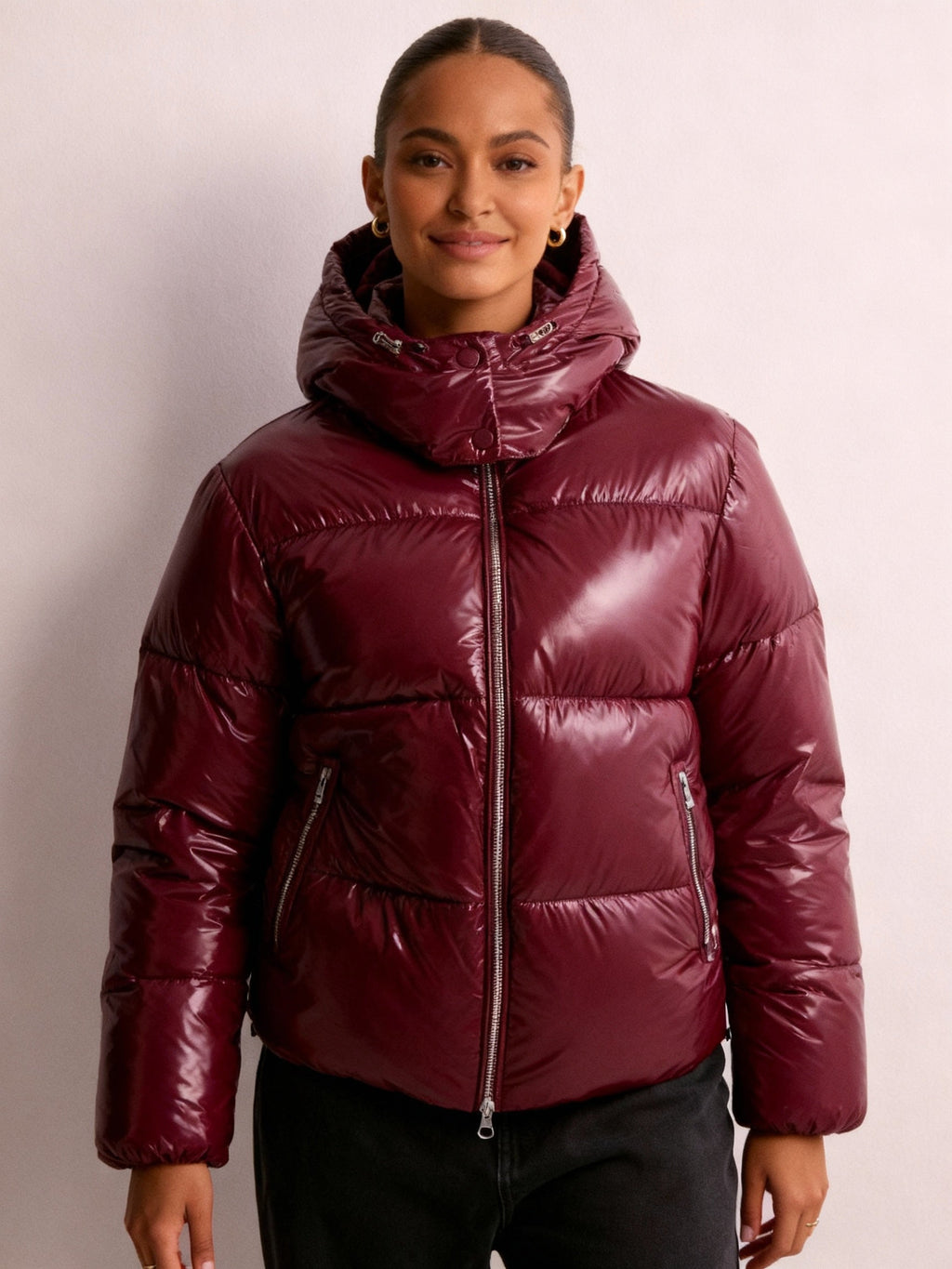 SUENTA Damen Steppjacke Mit Abnehmbarer Kapuze Glänzend Langarm