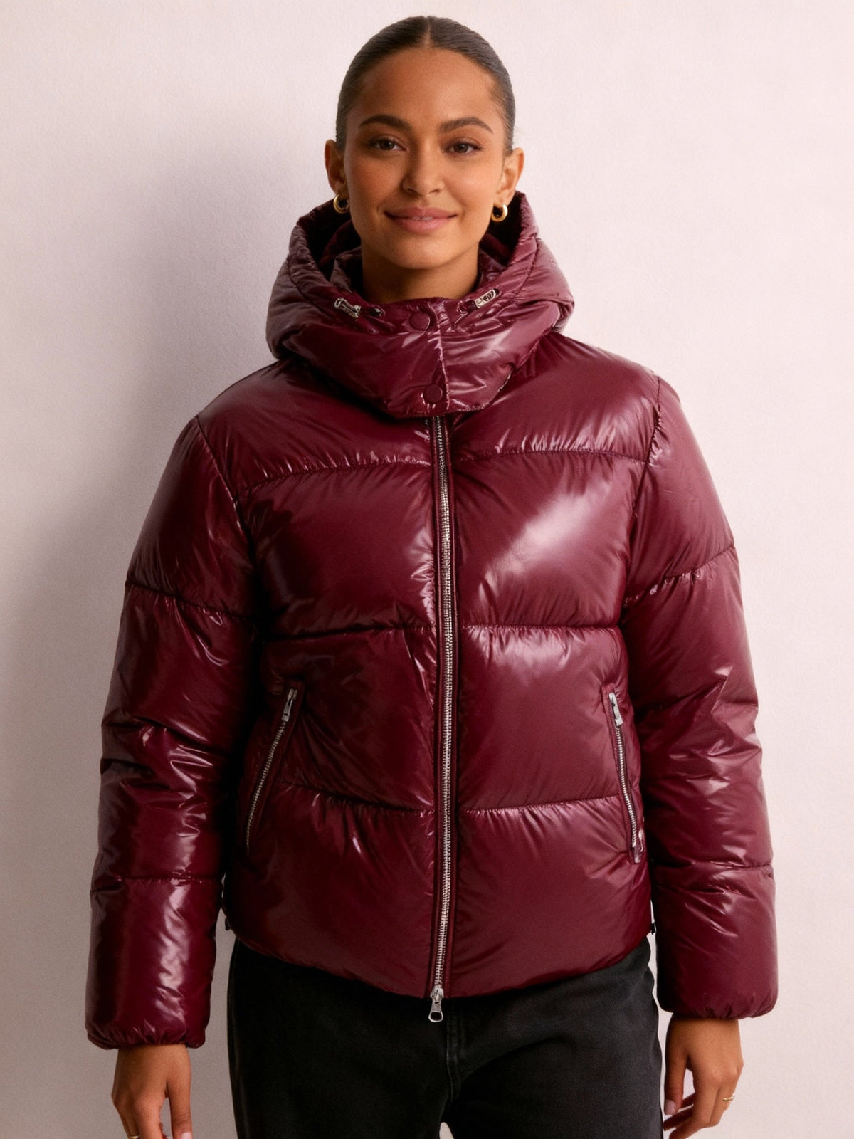 SUENTA Damen Steppjacke Mit Abnehmbarer Kapuze Glänzend Langarm