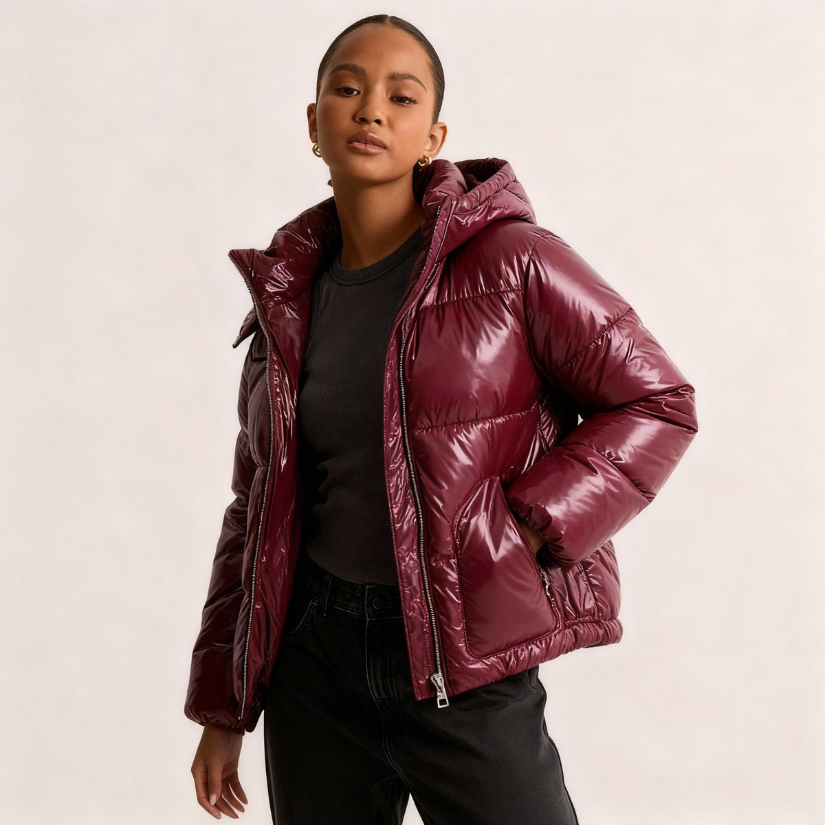 SUENTA Damen Steppjacke Mit Abnehmbarer Kapuze Glänzend Langarm Weinan색