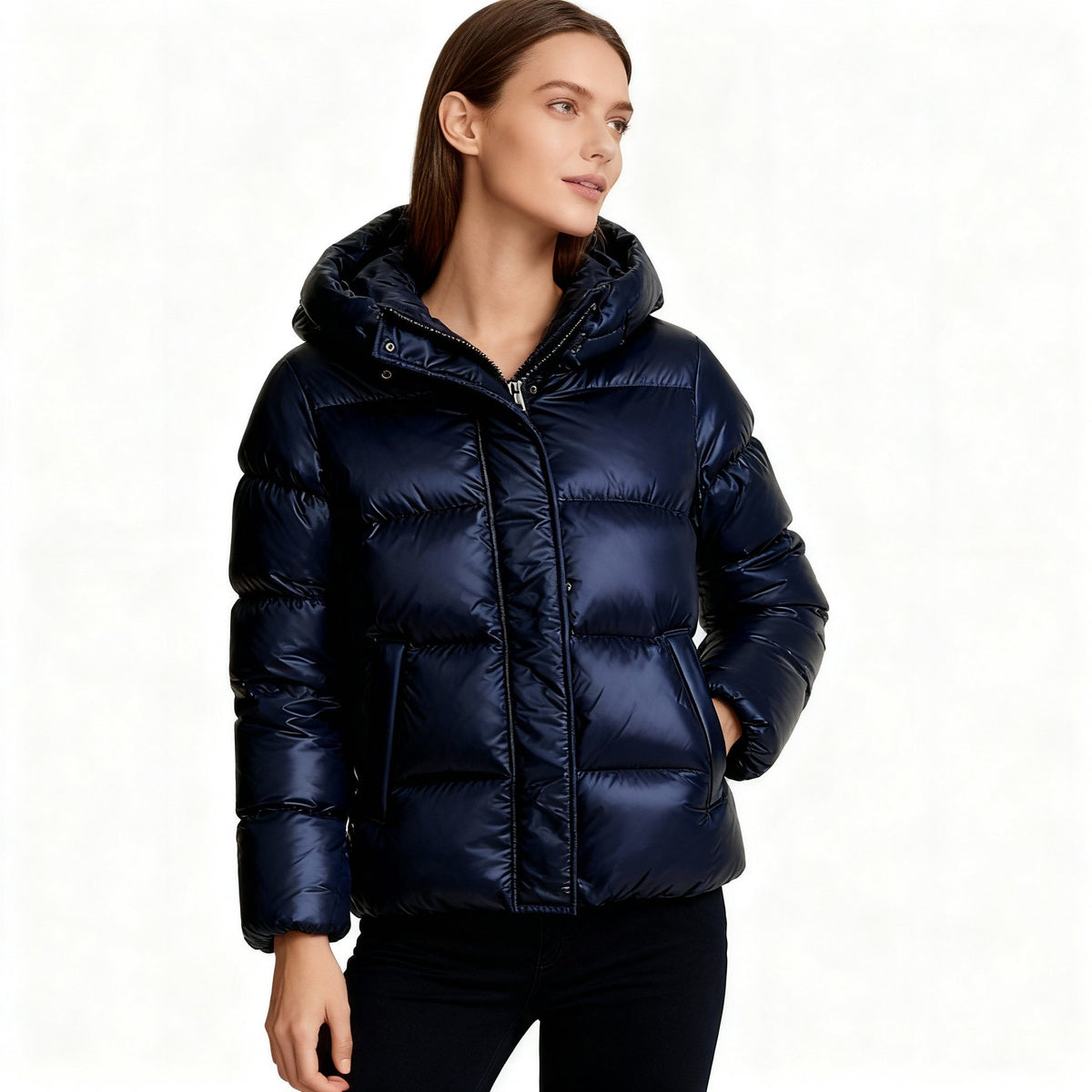SUENTA Damen Kurze Steppjacke Mit Kapuze (Glanz-Optik) Hoher Stehkragen Dunkelblau