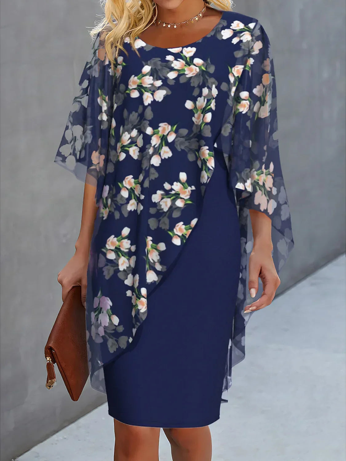 SUENTA Mechi | Damenkleid Hochzeitsgast mit Chiffoncape Blumenprint Dunkelblau