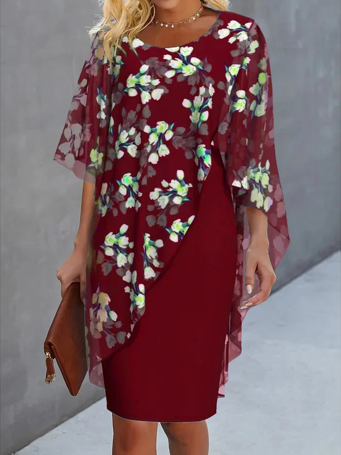 SUENTA Mechi | Damenkleid Hochzeitsgast mit Chiffoncape Blumenprint Bordeaux