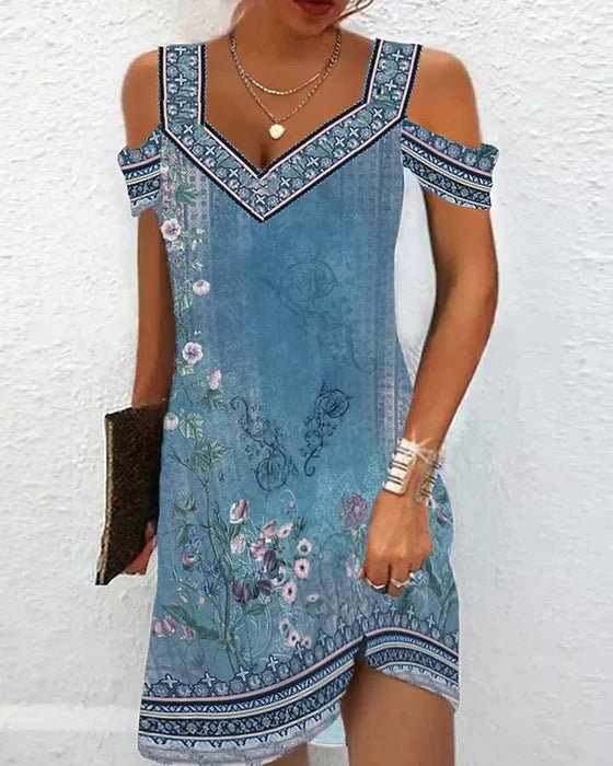 SUENTA Destiny | Schulterfreies Kleid mit Blumenmuster Blau