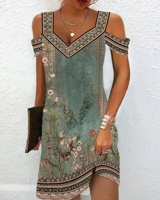SUENTA Destiny | Schulterfreies Kleid mit Blumenmuster Grün