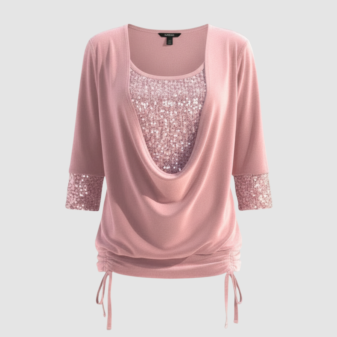 SUENTA Damen Elegante Figurfreundliche Pailletten Langarmbluse Rosa