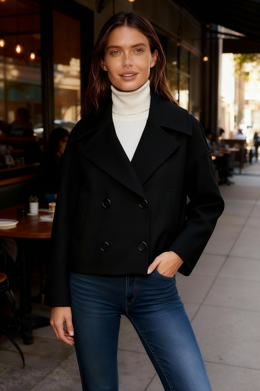 SUENTA Damen Kurzjacke Elegant Kurzschnitt Zweireihigen Polyester Mischung Schwarz