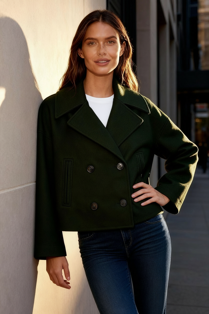 SUENTA Damen Kurzjacke Elegant Kurzschnitt Zweireihigen Polyester Mischung Grün