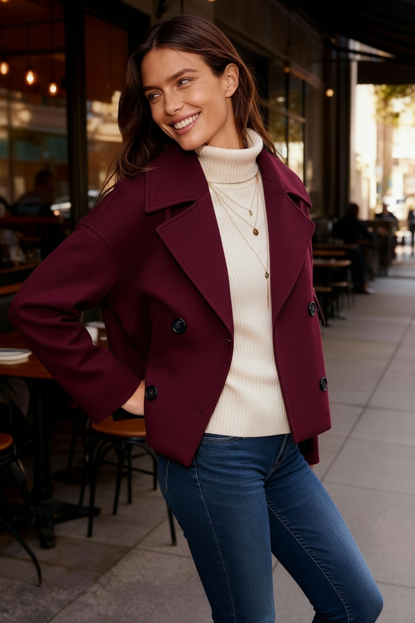 SUENTA Damen Kurzjacke Elegant Kurzschnitt Zweireihigen Polyester Mischung Rot