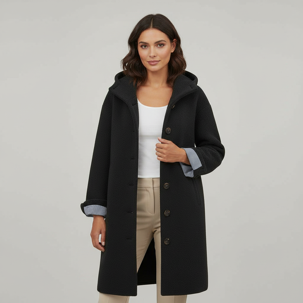 SUENTA Damen Wintermantel Eleganter Langer Mantel Fleece Komfort Schwarz