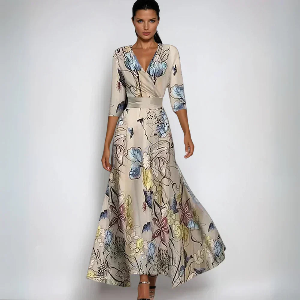SUENTA Vøre | Elegantes Damen-Maxikleid mit Blumenmuster Beige