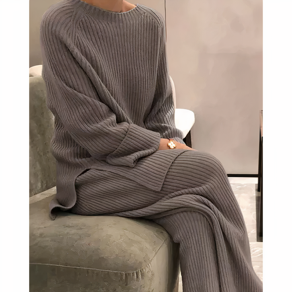 SUENTA Frauen Lässiges Strickpullover- und Hosen-Set Casual-Chic-Outfit Kaffee