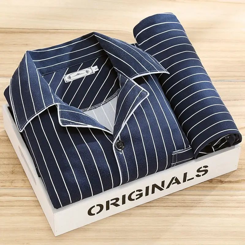 SUENTA Herren Gestreiftes Pyjama-Set Langarm Hose Streifen-Look Blauer Bayoux