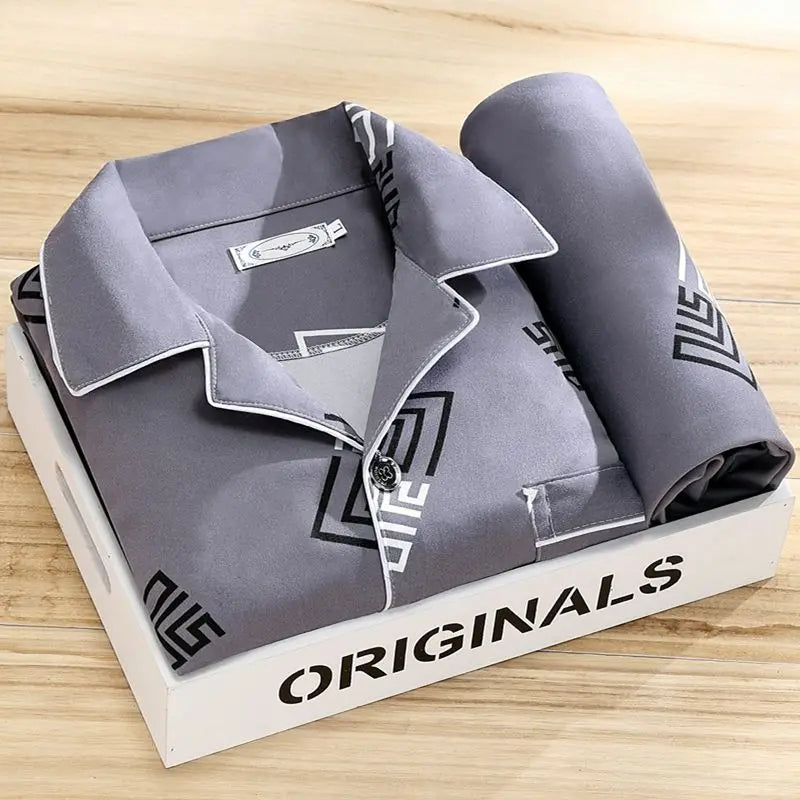SUENTA Herren Gestreiftes Pyjama-Set Langarm Hose Streifen-Look Sturmgrau